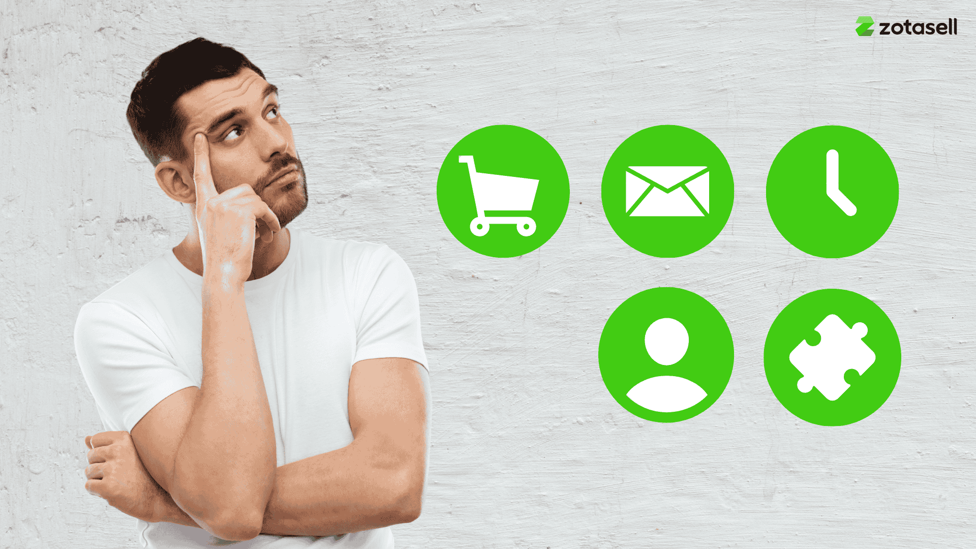Man thinking with green eCommerce icons representing cart, email, time, user, and puzzle – symbolizing AI-powered upsell strategies.