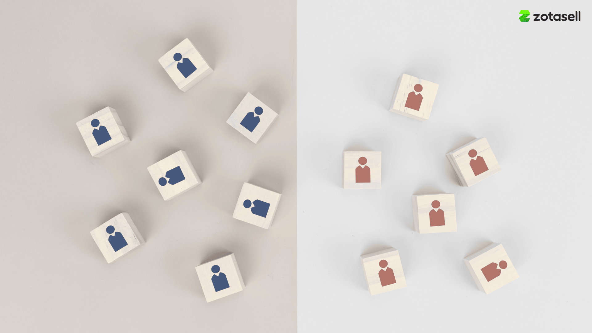 Wooden blocks with blue and red icons representing different customer groups