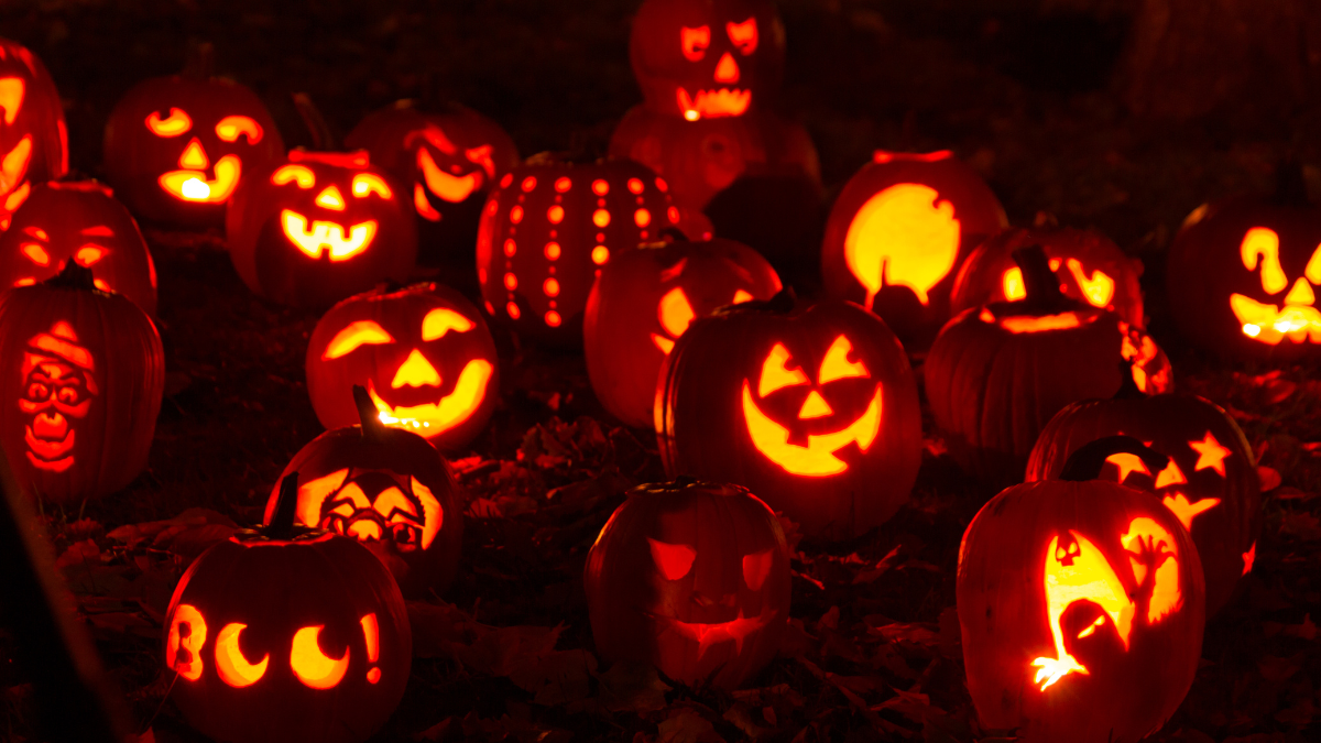 Glowing jack-o’-lanterns with different spooky faces and designs lighting up the night, creating a festive Halloween atmosphere.